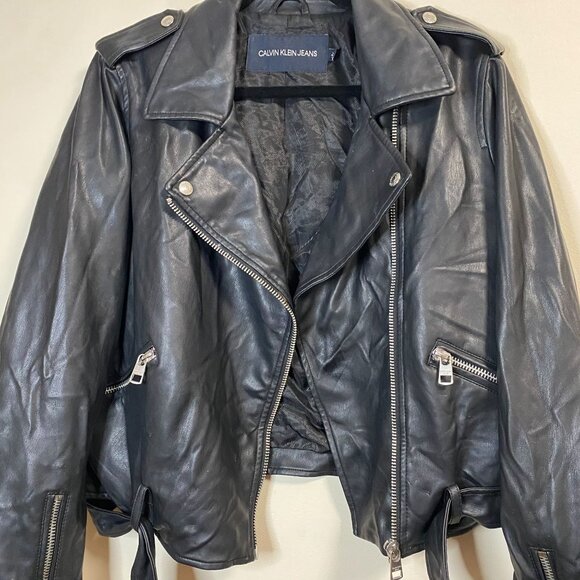 Calvin Klein Jeans Women's Black Faux Leather Jacket Large Moto Style Zip Pocket - Picture 3 of 14